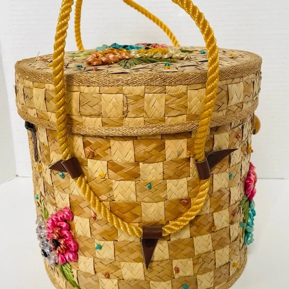 Vintage Mid Century Woven Straw Raffia Tropical Purse Beach Tote Picnic Basket - Picture 5 of 9
